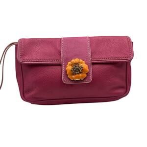 Lilly Pulitzer Pink Leather Floral Lining Wristlet Clutch Orange metal‎ Accent